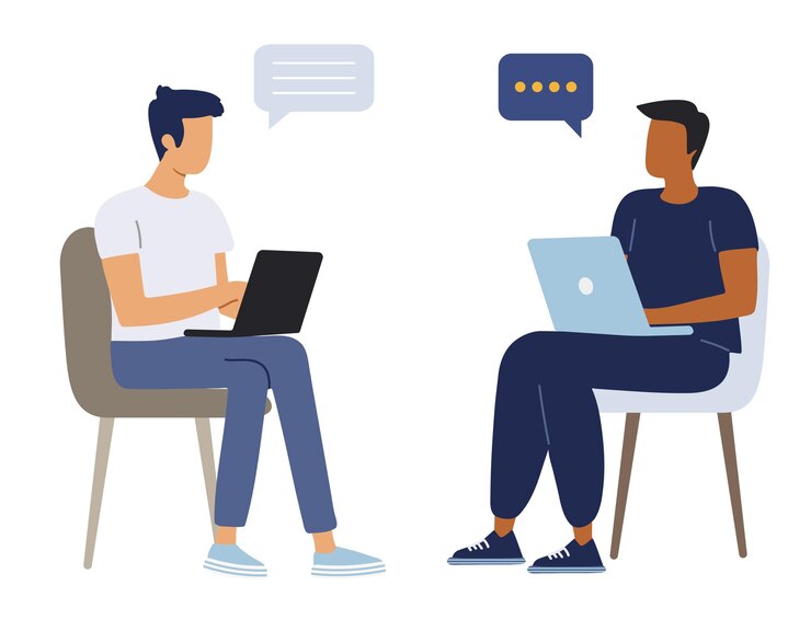 Vector dos hombres trabajan juntos y discuten sus tareas frente a sus computadoras estilo plano gente de negocios