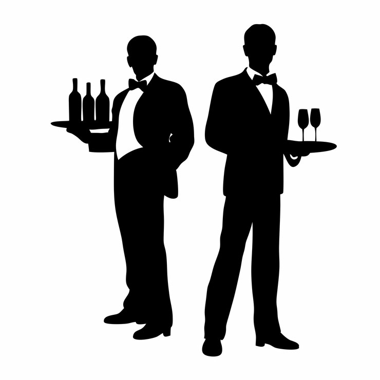 Vector dos hombres en trajes sosteniendo una bandeja con vasos y botellas de vino