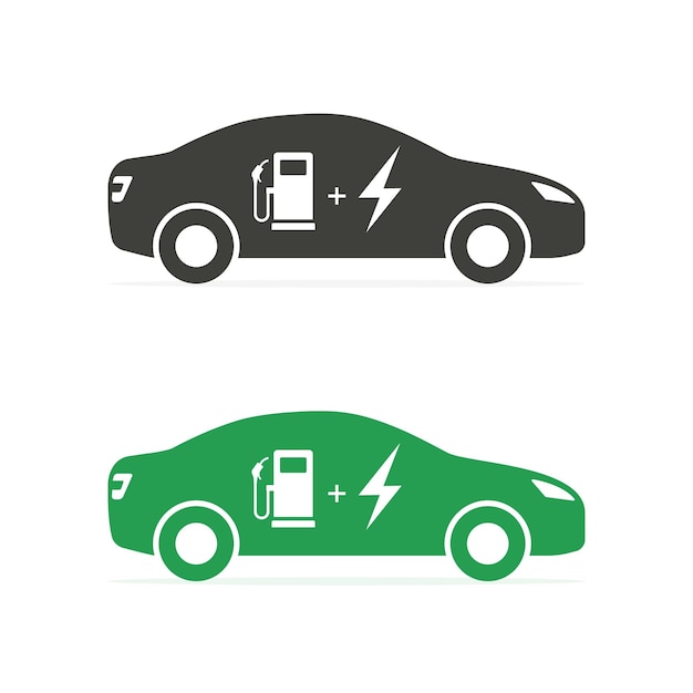 Vector dos íconos de un auto eléctrico con un auto verde y un auto verde con una estación de carga al costado.