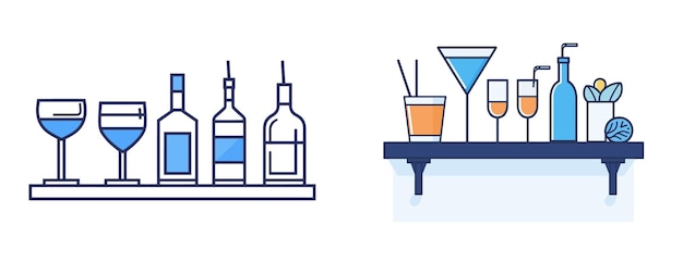 Dos ilustraciones de estantes de bar en un estilo de arte de línea minimalista con acentos azules
