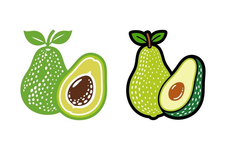 Dos ilustraciones estilizadas de aguacate con vista de corte