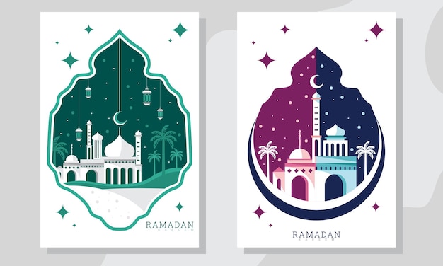 Dos ilustraciones estilizadas representan una mezquita por la noche durante el Ramadán Kareem con medias lunas, estrellas y palmeras