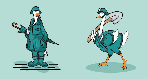 Dos ilustraciones de personajes de cisne con diferentes estilos de vestimenta.