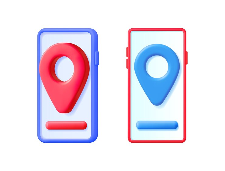 Vector dos ilustraciones de teléfonos 3d con aplicación de gps para el seguimiento de la ubicación y la navegación