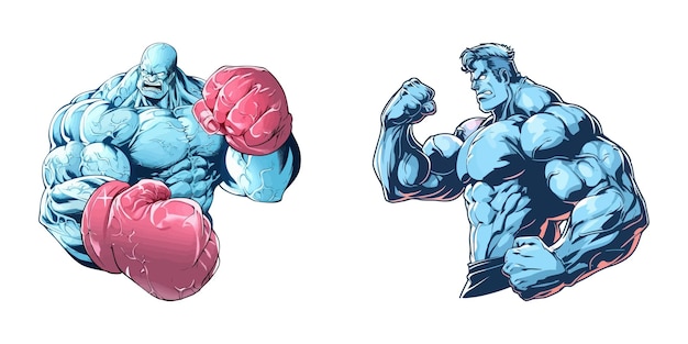 Dos imágenes de un hombre musculoso vector de dibujos animados