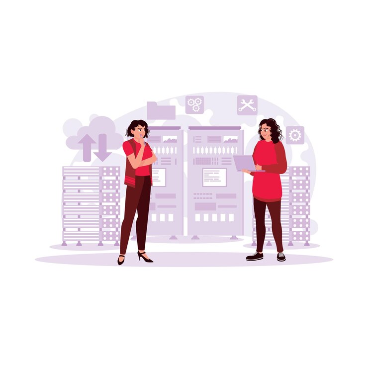 Vector dos ingenieras trabajaron juntas y revisaron el servidor en la sala del centro de datos trend modern