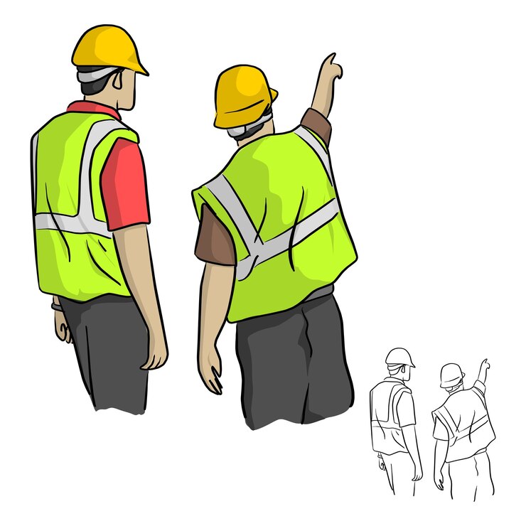 dos ingenieros masculinos de pie al aire libre en el sitio de construcción utilizando un vector de ilustración de tableta
