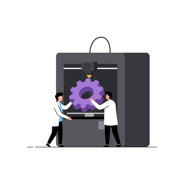 Vector dos ingenieros masculinos que operan una gran impresora 3d que produce engranajes púrpuras en una ilustración vectorial moderna plana
