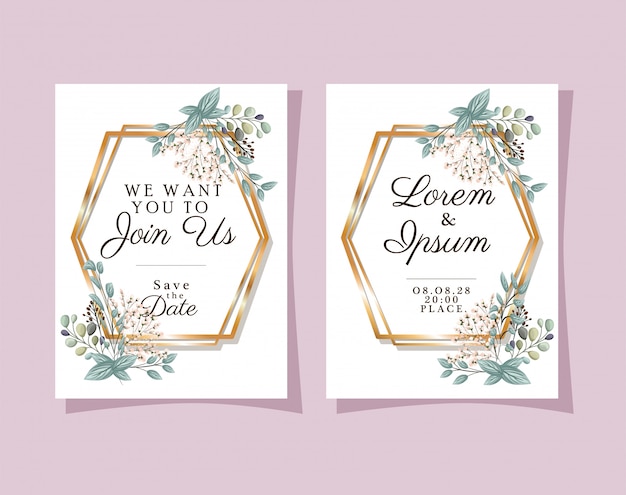 Dos invitaciones de boda con marcos dorados, diseño de flores y hojas.