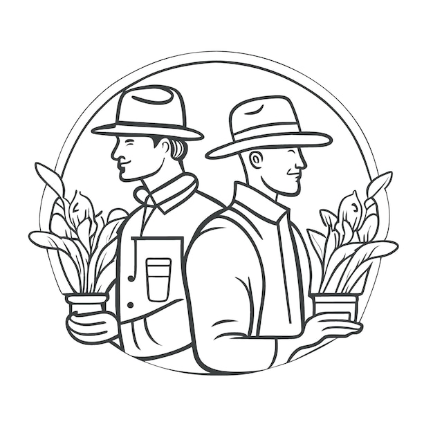dos jardineros en perfil con sombreros de fedora y abrigos con un jarrón en el centro