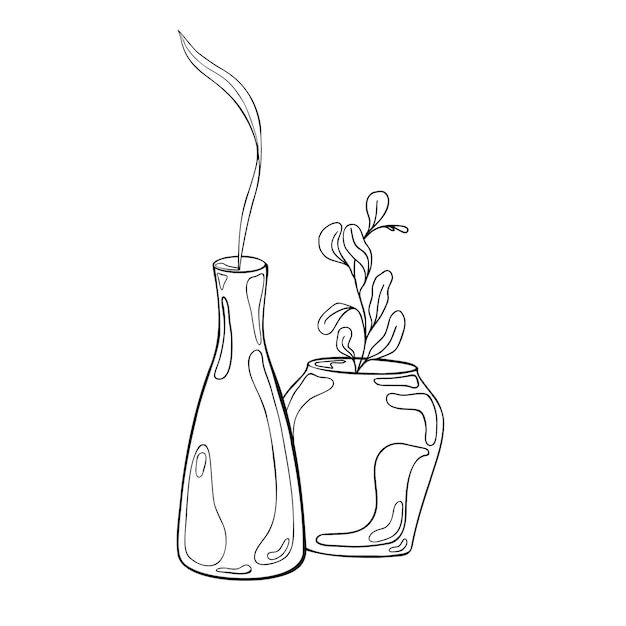 Dos jarrones con arreglo floral ilustración vectorial blanca y negra aislada Plantas en silhueta de tinta de jarrón alto dibujada a mano Cerámica con hojas y tallos contorno gráfico Diseño para clase de cerámica