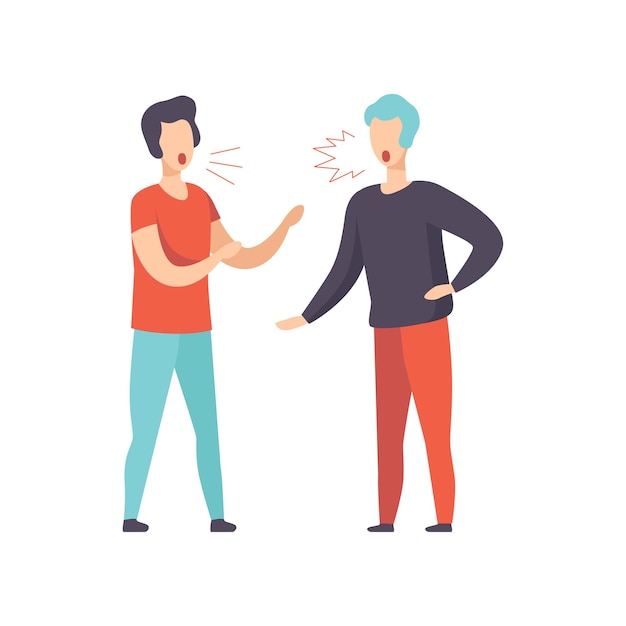 Dos jóvenes discutiendo comportamiento agresivo y violento ilustración vectorial sobre un fondo blanco