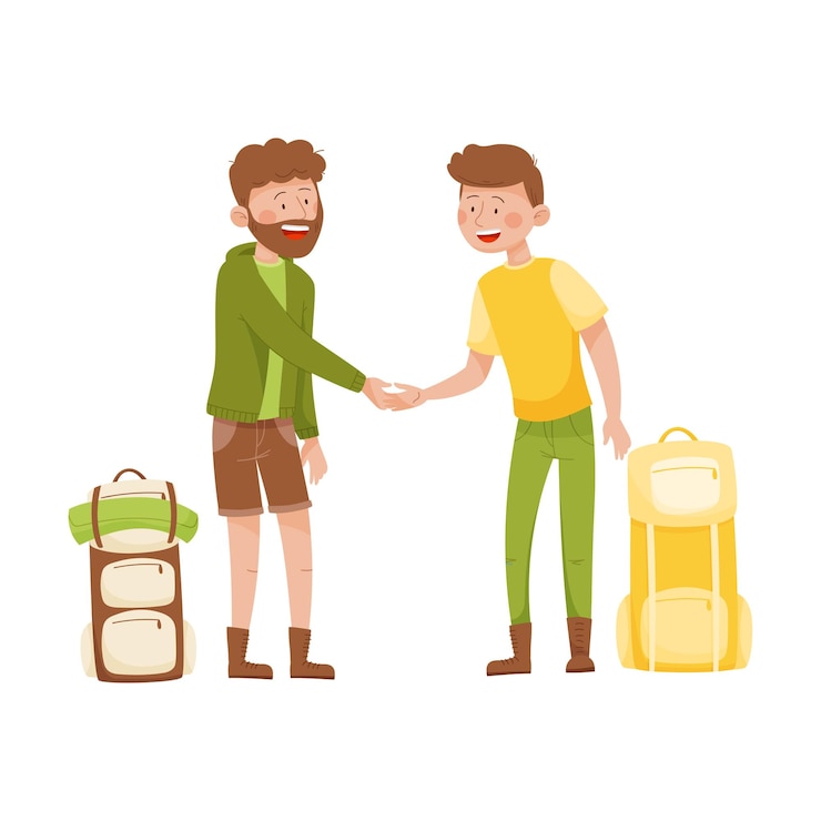 Vector dos jóvenes con mochilas estrechando la mano el uno con el otro ilustración vectorial