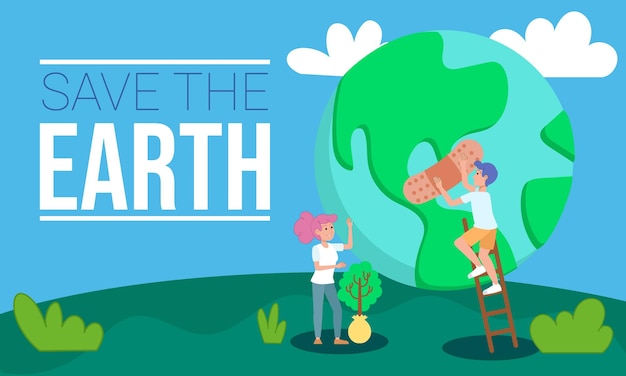 Dos jóvenes poniendo una venda en el planeta Tierra