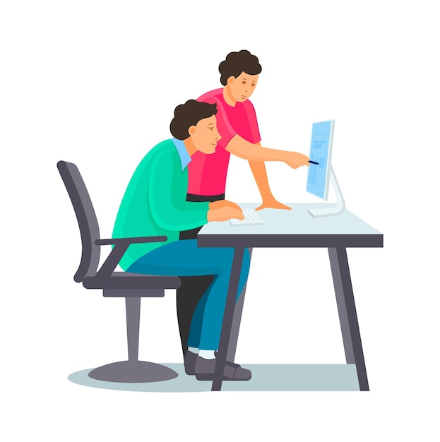 Dos jóvenes que tienen una reunión de negocios en la oficina sentados en la computadora discuten proyectos