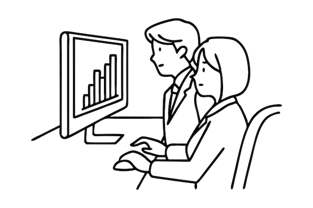 Dos jóvenes trabajadores serios, hombre y mujer, mirando el gráfico de ventas en la pantalla de la computadora. Concepto de negocio de crecimiento de ventas dibujado a mano. Ilustración de vector plano de arte de línea continua.