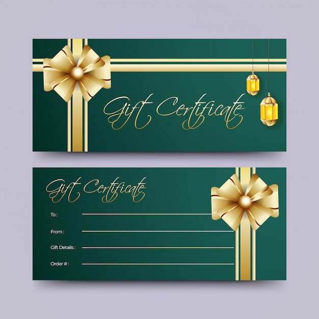 Dos juegos de tarjetas de certificado de regalo con decoración de oro.