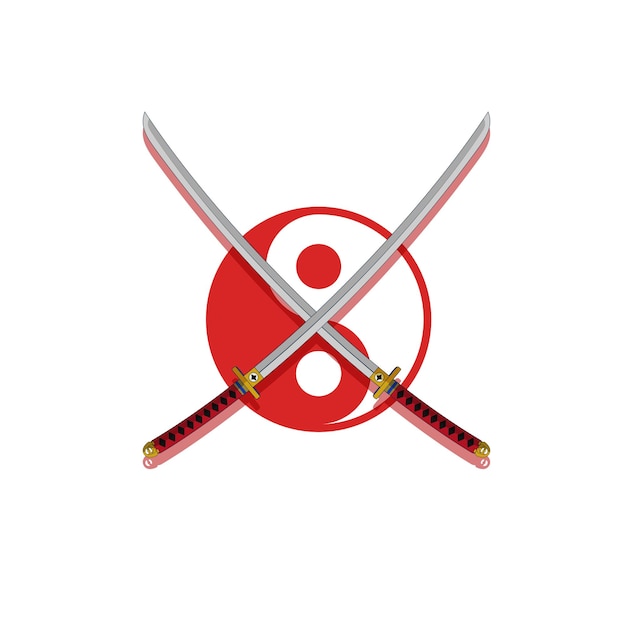 Dos katana cruzada sobre un fondo blanco con ilustración de yin yang