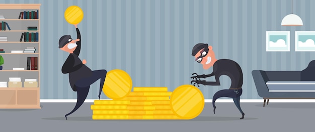 Dos ladrones roban monedas de oro. Dos ladrones roban dinero. Concepto de robo y seguridad. Vector.