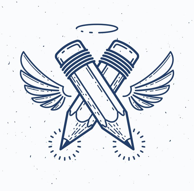 Dos lápices cruzados con alas y nimbus, vector simple logo o icono de moda para diseñador o estudio, espíritu creativo, diseño de ángel, estilo lineal.