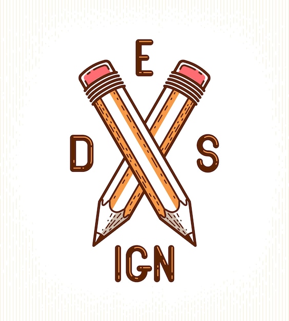 Dos lápices cruzados vector logotipo o icono de moda simple para diseñador o estudio, competencia creativa, equipo de diseñadores, estilo lineal.