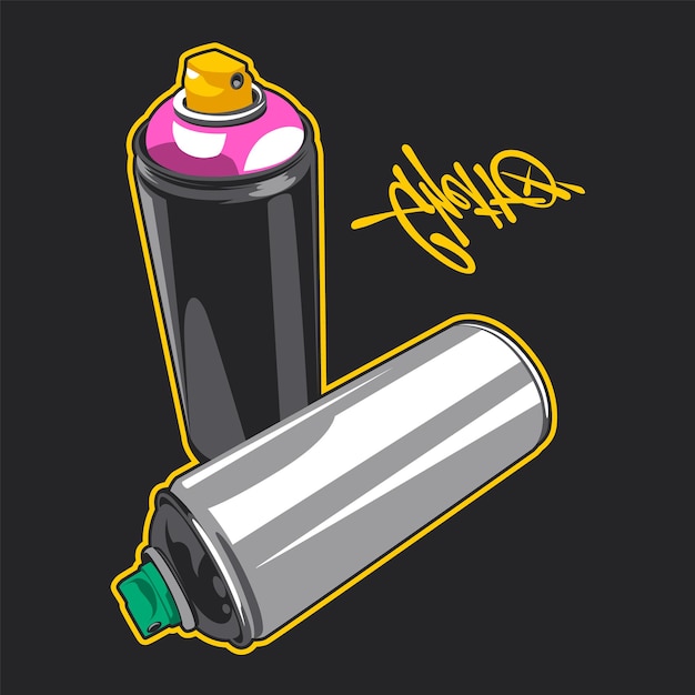 Dos latas de aerosol de graffiti aisladas en negro. Arte vectorial.