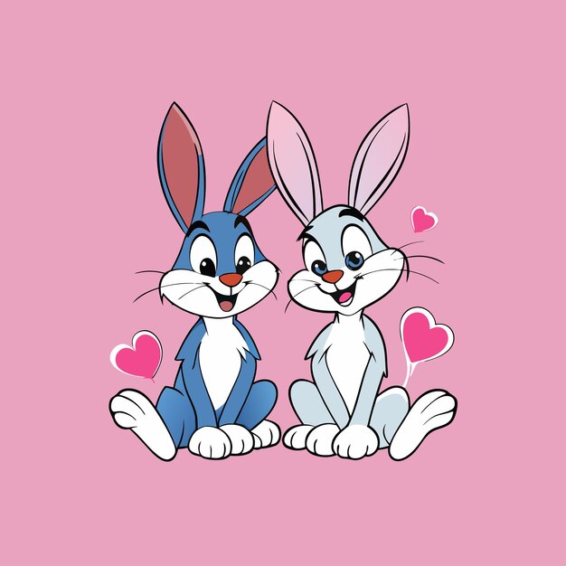 Dos liebres lindos sentados uno al lado del otro con corazones expresión de amor
