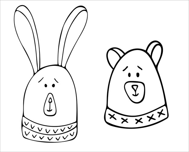 Dos lindas caras de conejo y oso doodle ilustración vector de bebé dibujado a mano