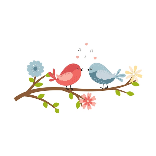 Dos lindas parejas de pájaros de dibujos animados enamorados están sentados en una rama con flores y chirriando personajes de animales para tarjetas de pascua y primavera ilustración vectorial de color aislada en un fondo blanco