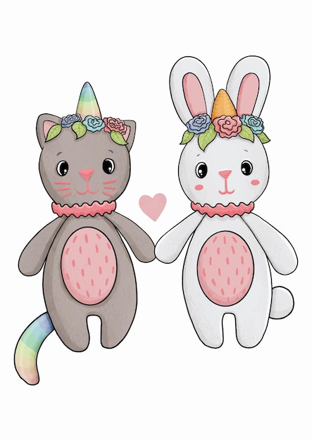 Dos lindos amigos unicornio gato y conejito vector ilustración