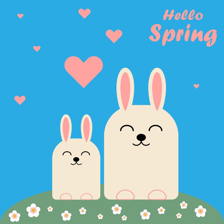 Vector dos lindos conejitos en el césped con flores ilustración vectorial