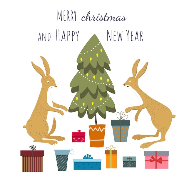 Dos lindos conejitos decoran el árbol de navidad. conjunto con árbol de navidad y muchos regalos.
