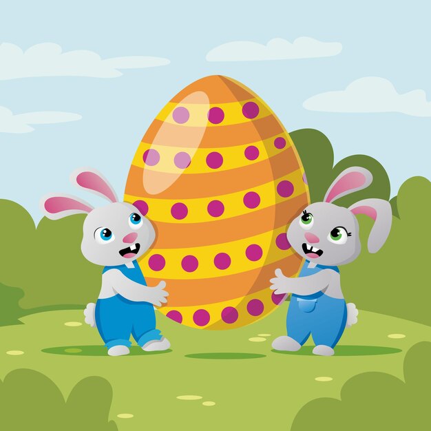 Dos lindos conejos con huevo de pascua gigante