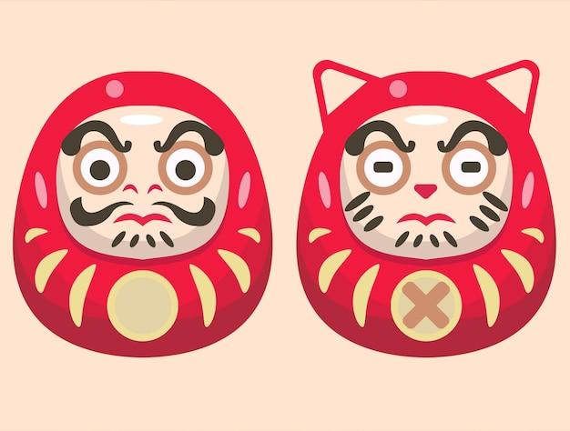 Vector dos lindos daruma con una diadema de gato y una cara deslumbrante