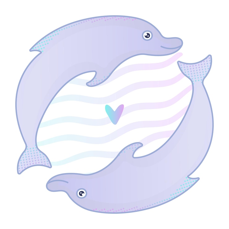Vector dos lindos delfines de gradiente están enamorados ilustración náutica