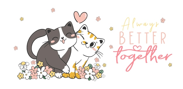 Dos lindos gatitos adorables enamorados se acurrucan en el vector de personaje de dibujos animados de animales de compañía de primavera