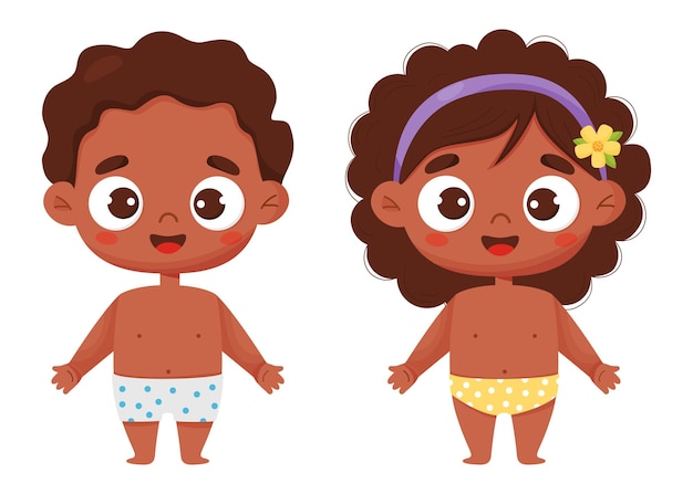 Dos lindos niños étnicos negros en pantalones cortos en estilo de dibujos animados Niños negros divertidos aislados sobre fondo blanco