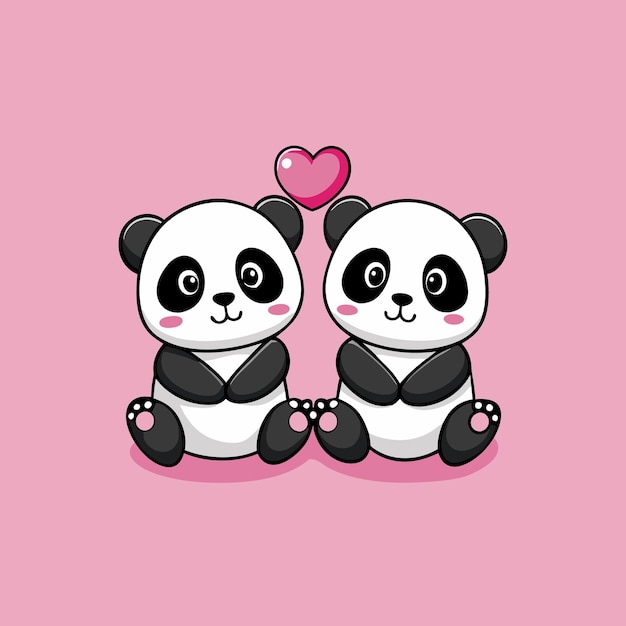 dos lindos pandas sentados uno al lado del otro con corazones expresión de amor