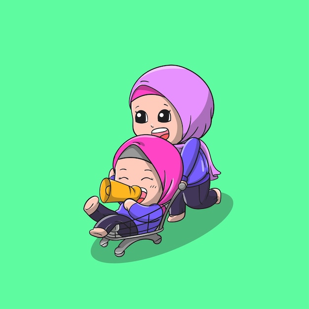 dos lindos personajes de dibujos animados de chicas musulmanas que llevan un carrito de compras sintiéndose felices