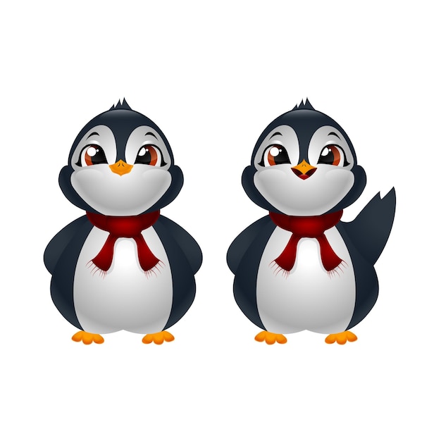 Dos lindos pingüinos de dibujos animados en pañuelo rojo