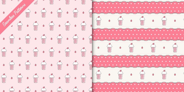Dos lindos postres de fresa patrones sin fisuras vector premium