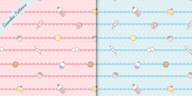 Dos lindos postres kawaii de patrones sin fisuras vector premium