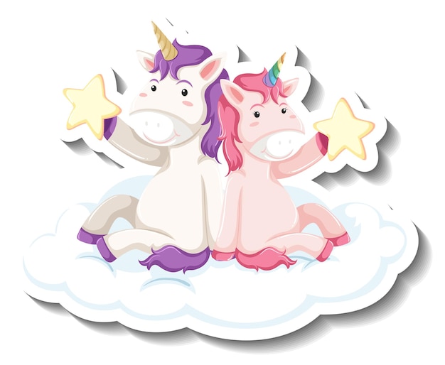 Dos lindos unicornios sentados en la nube juntos dibujos animados pegatina