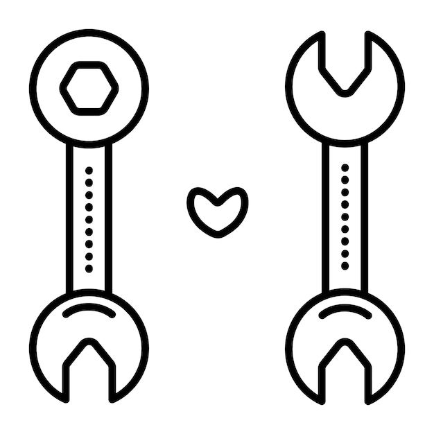 Dos llaves y corazón señal vectorial de línea negra de llaves de herramientas metálicas pictograma destornillador doble