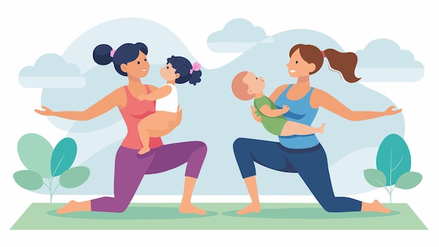 Vector dos madres que se ayudan mutuamente en el equilibrio mientras sostienen a sus bebés en sus brazos durante un suave yoga