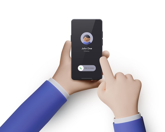 Dos manos 3d con un teléfono aislado sobre un fondo blanco. El teléfono en la mano y el segundero indican acción en la pantalla. Ilustración vectorial