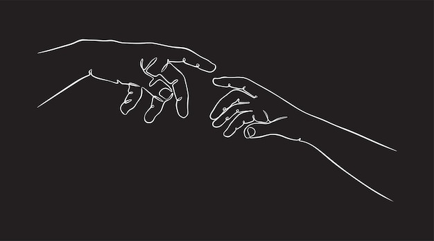 Dos manos alcanzando una línea contigua en una ilustración de vector de fondo negro