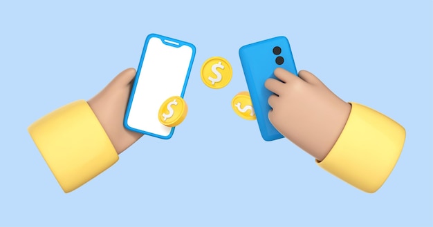 Dos manos de dibujos animados sosteniendo teléfonos móviles haciendo una transferencia de dinero Transferencia de dinero en teléfonos inteligentes Concepto de pago en línea Monedero móvil Cashback y banca Vector 3d ilustración