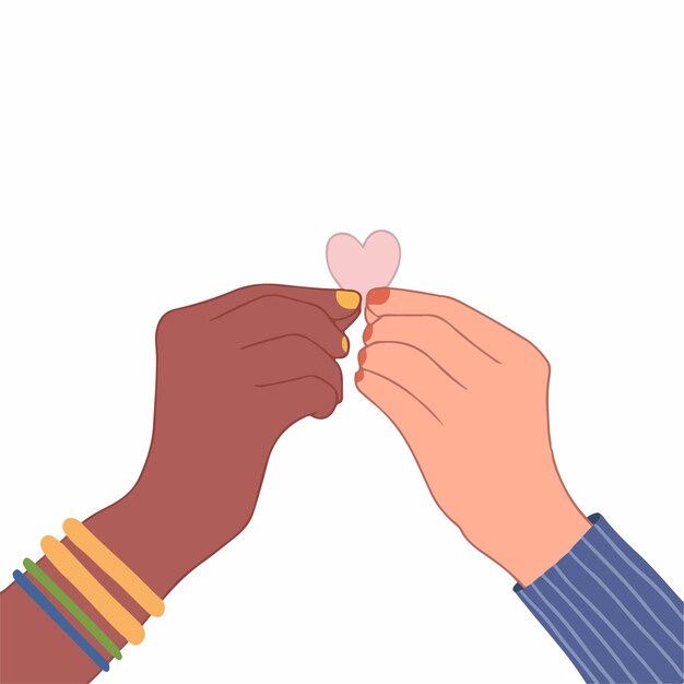 Dos manos de diferente color de piel con corazón rosa dibujado a mano ilustración vectorial plana coloreada