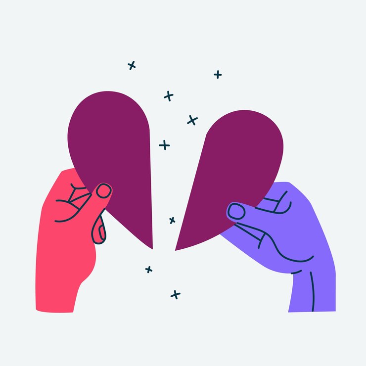 Vector dos manos de diferentes colores sostienen mitades desgarradas del corazón